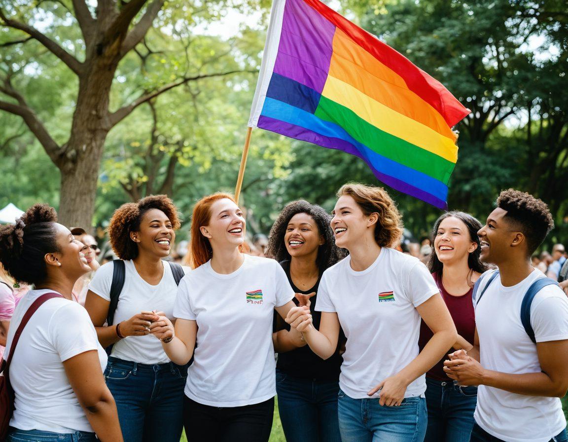 A vibrant gathering of diverse individuals from the LGBTQ+ community, sharing laughter and joy in a colorful park setting filled with rainbow flags. Include elements of friendship, support, and connection, showcasing people of different backgrounds engaging in activities like picnicking, painting, and dancing. The atmosphere should be warm and inviting, emphasizing acceptance and love. bright colors. digital painting. 3D elements.