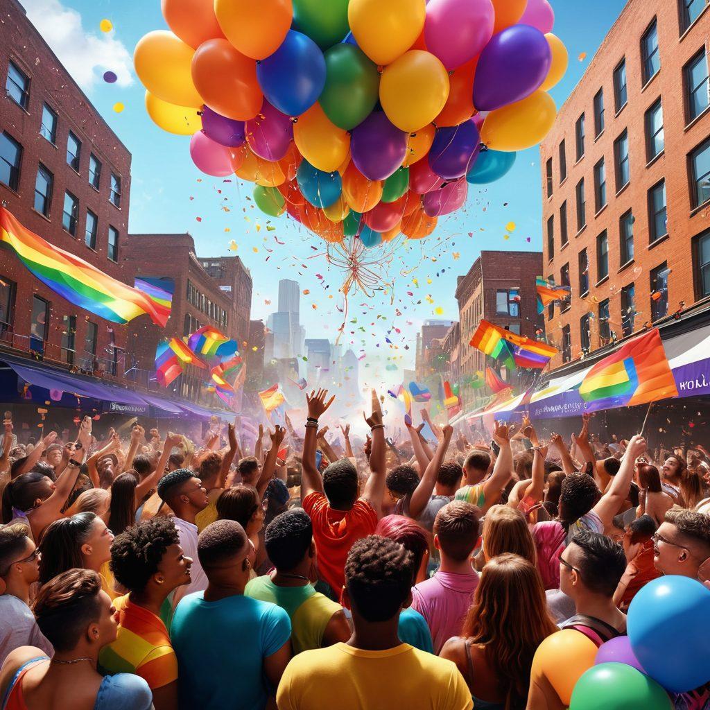 A vibrant scene of a diverse group of people celebrating at a colorful pride event, adorned with rainbow flags, glitter, and confetti. Include joyful expressions, diverse fashion styles, and elements of music and dance to capture the essence of unity and celebration within the queer community. The background showcases a bright cityscape with cheerful balloons and banners. super-realistic. vibrant colors. 3D.