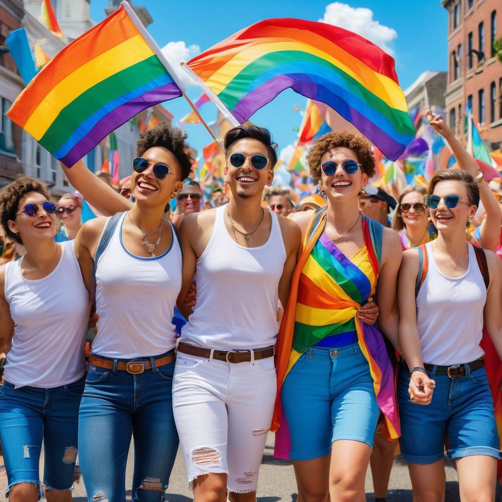 A vibrant scene depicting a lively Pride parade, filled with colorful flags and banners celebrating gay culture. Friends of diverse backgrounds are joyfully interacting, sporting stylish outfits and rainbow accessories. The atmosphere is filled with love, acceptance, and unity, contrasted against a bright blue sky. Include iconic landmarks in the background to represent inclusivity. super-realistic. vibrant colors.